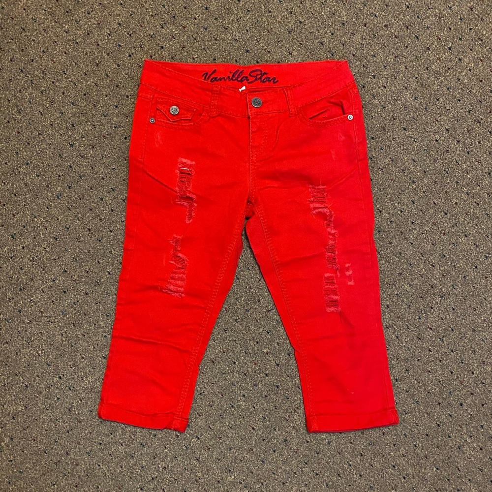 Distressed Red Capri Jeans | size 9